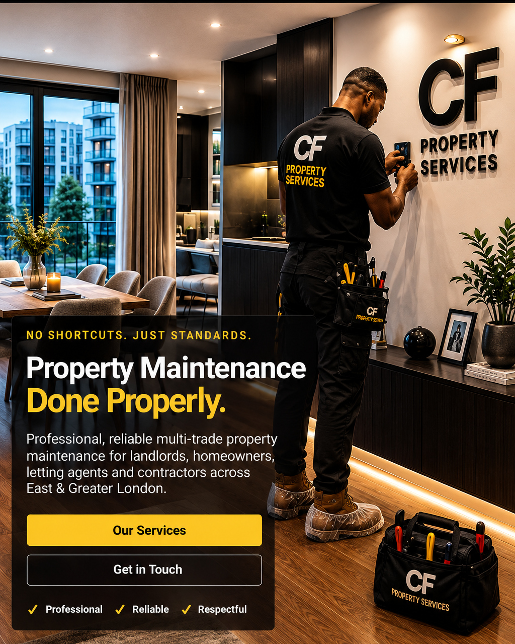 CF Property Services working inside a high-end modern apartment with CF Property Services wall branding