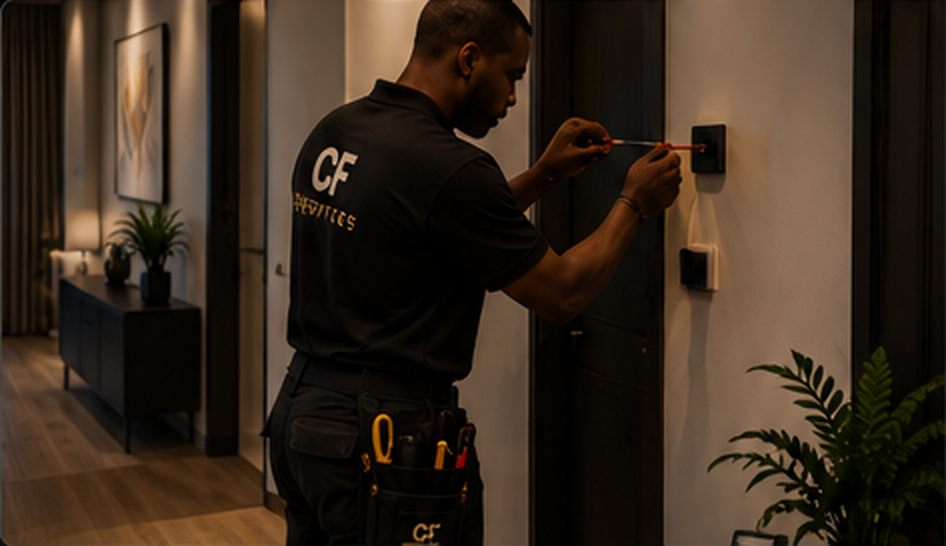 CF Property Services technician carrying out interior maintenance in a modern flat